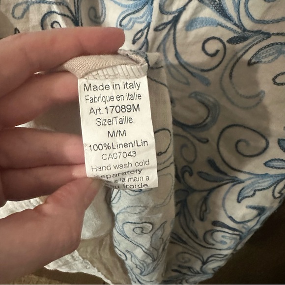 Lungo L’Arno Cream Linen Blue Paisley Swirl Midi Dress Size Medium Boho - Picture 10 of 11